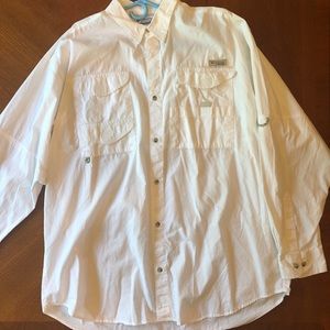 Columbia White PFG Long Sleeve Button Down Shirt